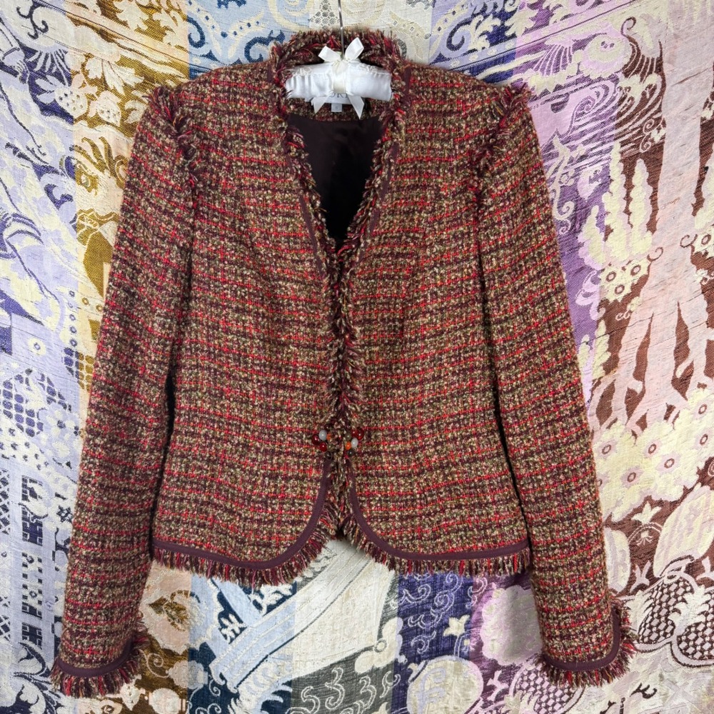 Wool Blend Whimsy Fringed Trim Fitted Tweed Blazer Boho Shabby Chic Phoebe M